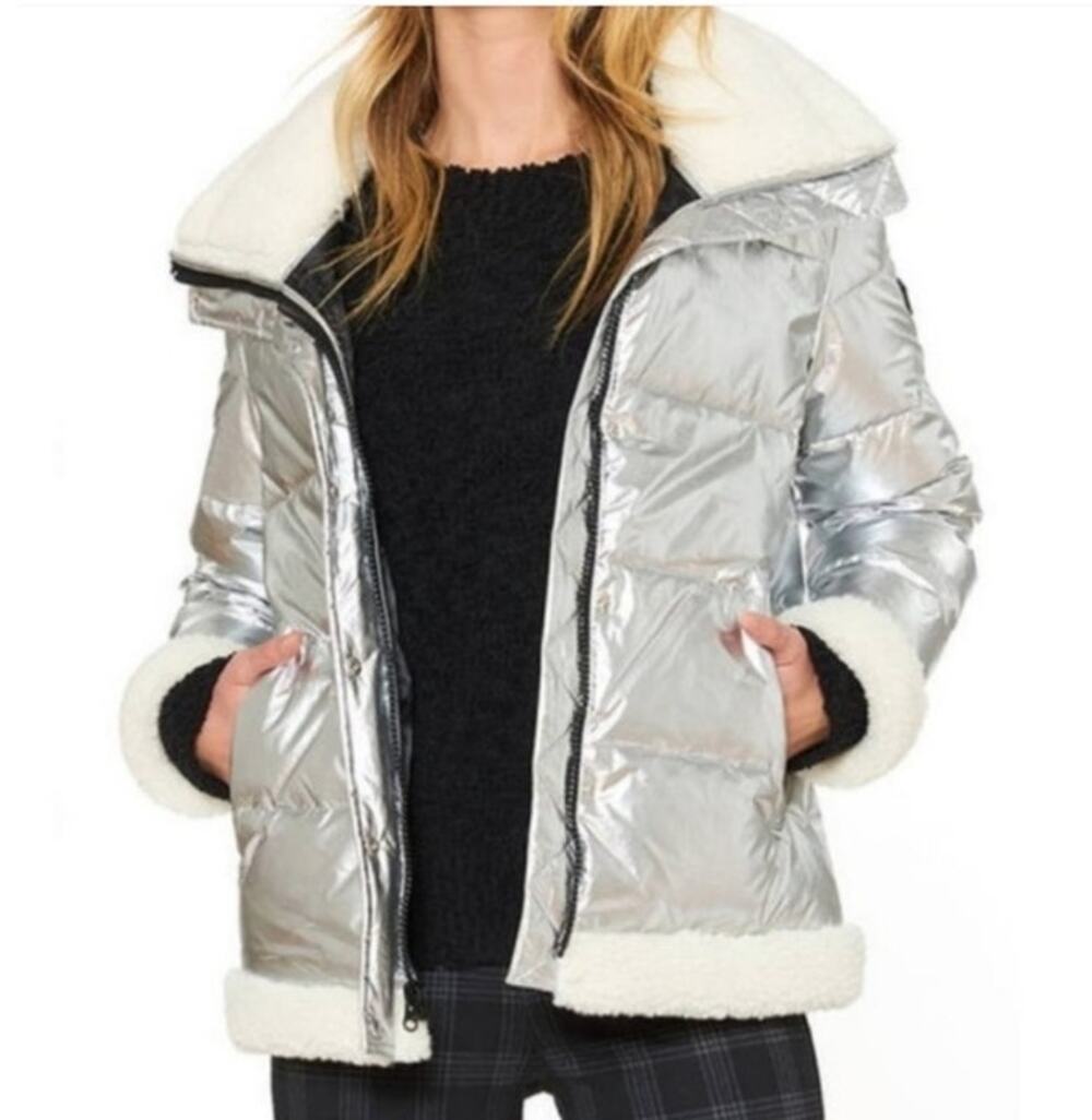 Sanctuary Silver Shine Down Puffer Jacket Cream Shearling Collar Trim Sz Small